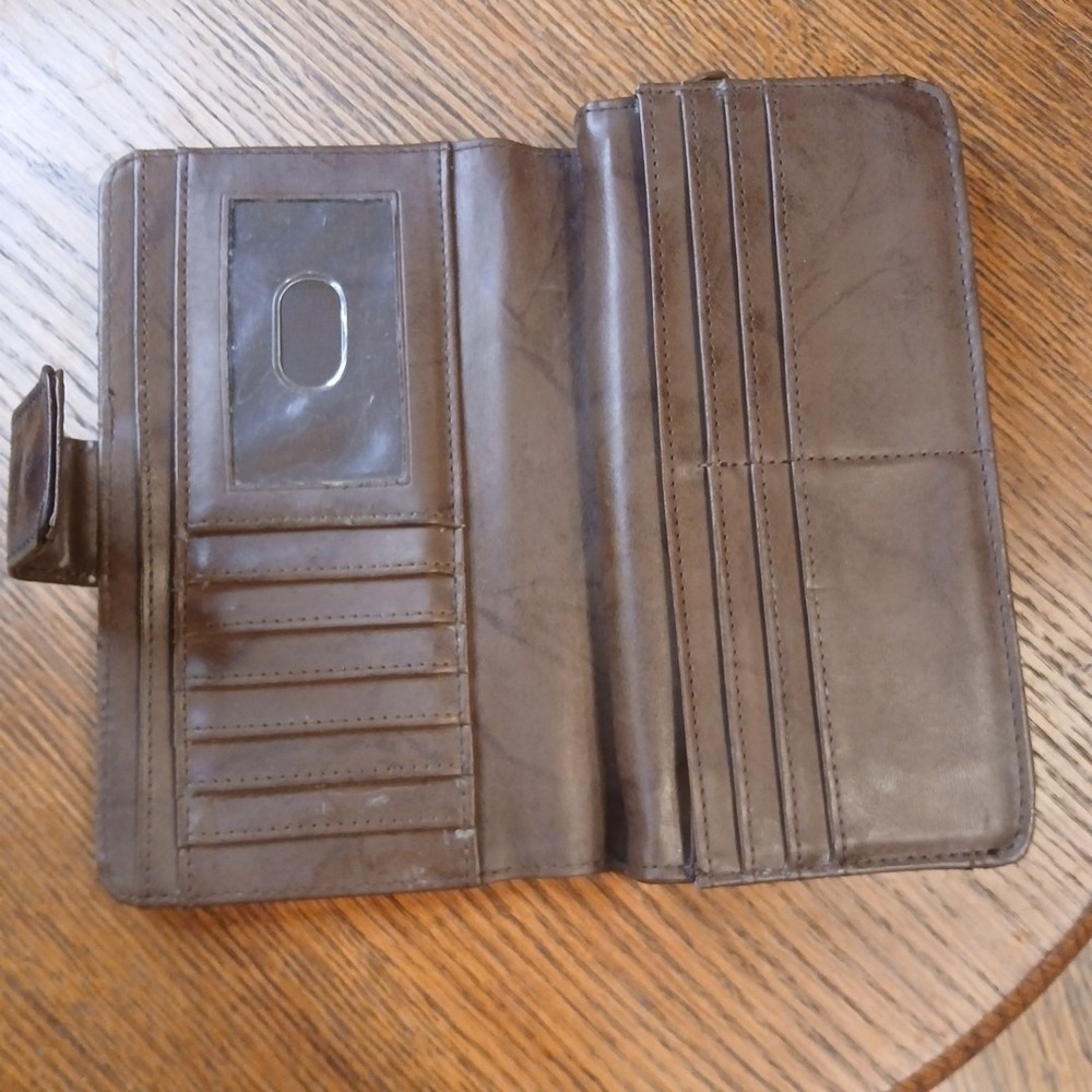 Mens Brown Leather Trifold Wallet Vintage Distressed Snap Coin Pocket ID Window - Picture 9 of 11
